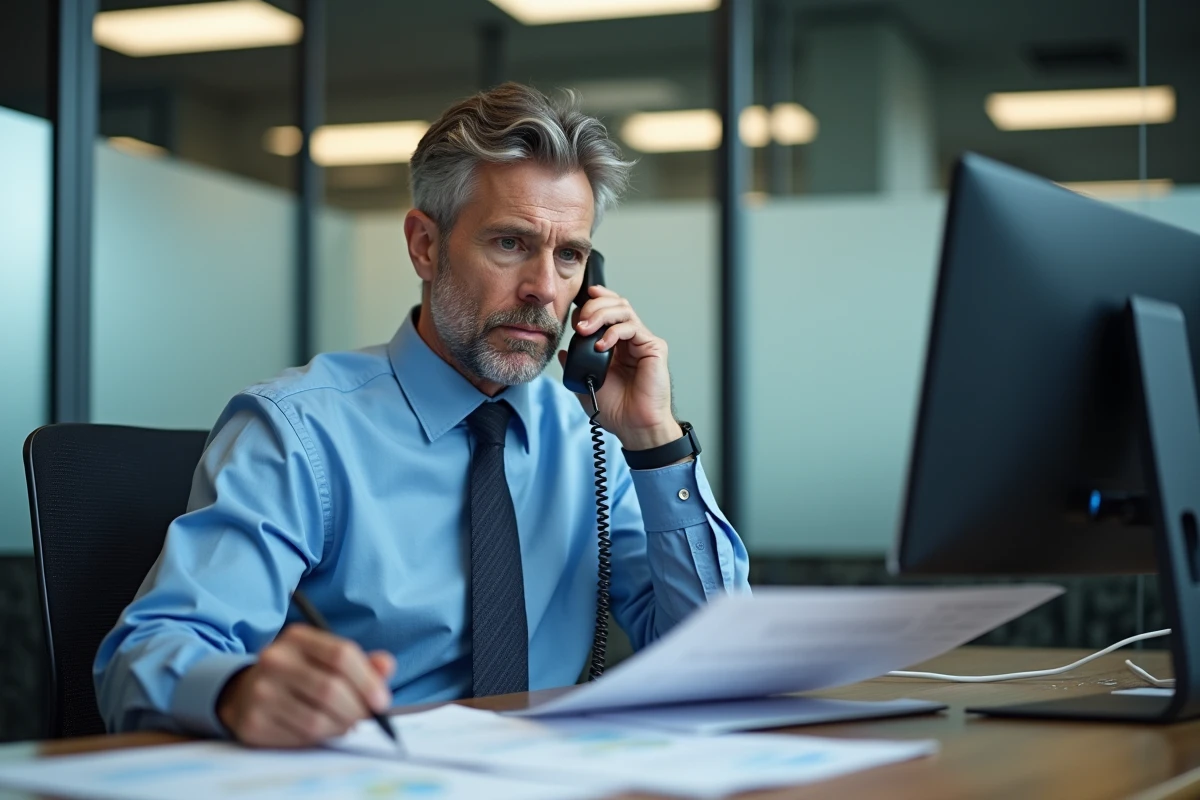 Employé de banque parlant au téléphone dans un bureau moderne