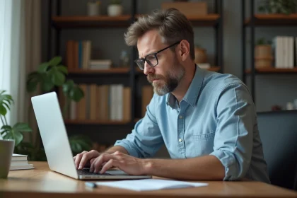 Homme d'âge moyen au bureau examine ses emails