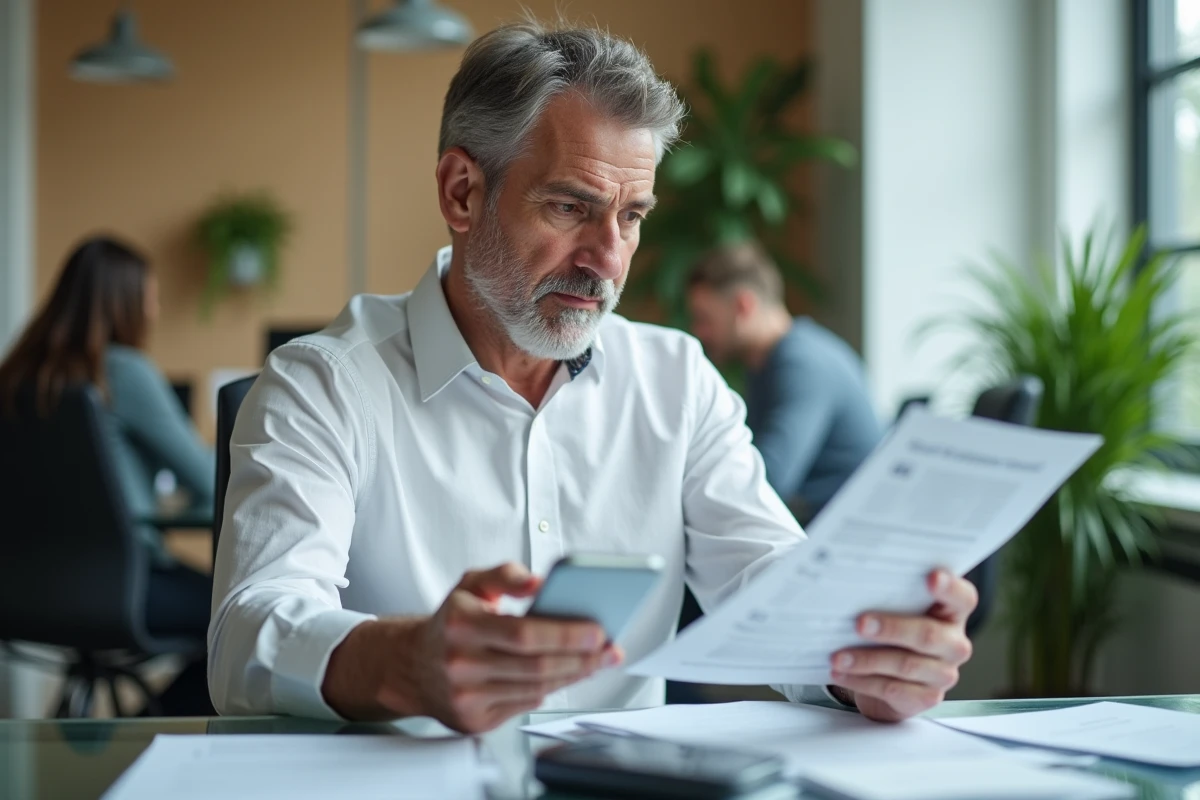 Homme en bureau comparant un relevé bancaire papier avec l'application mobile pour identifier un code de versement