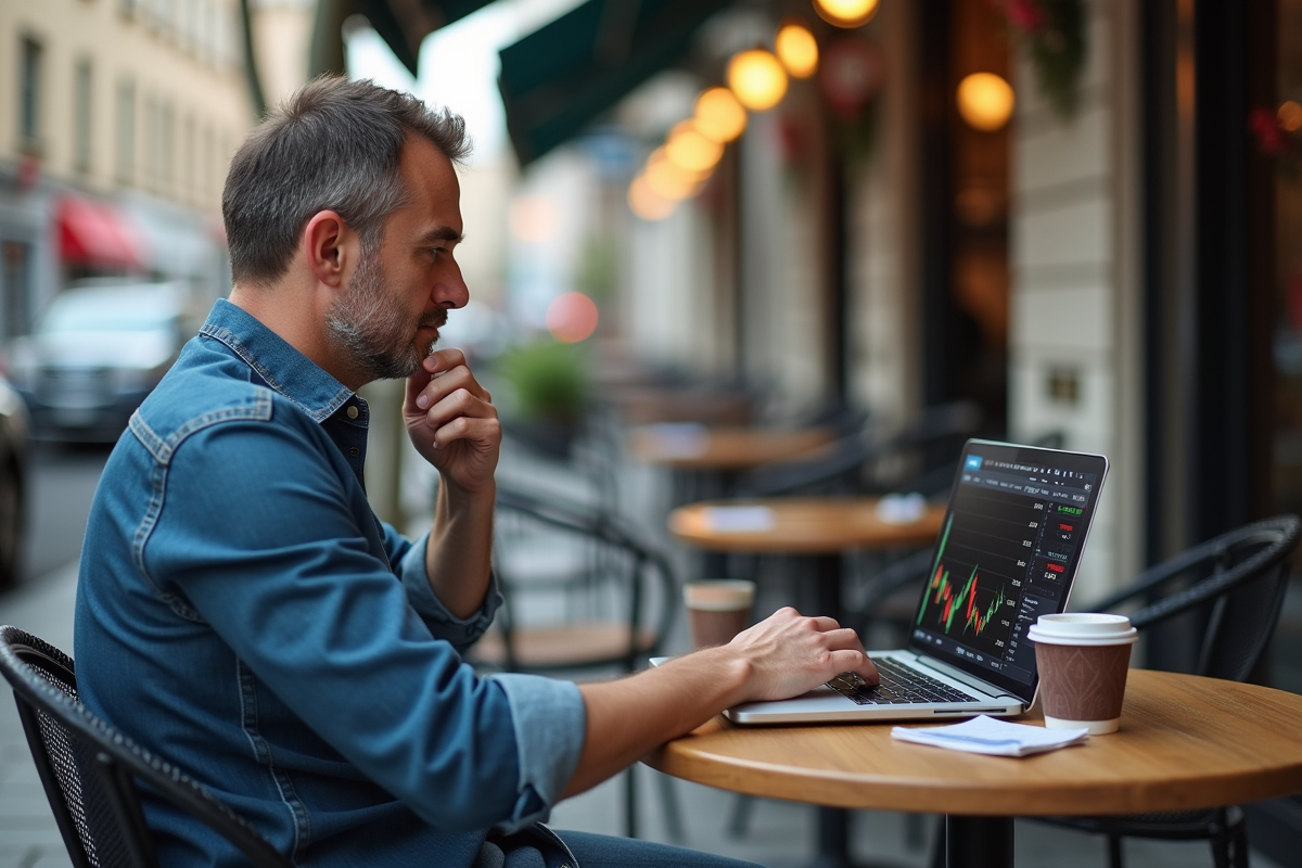 Homme détendu regarde un graphique boursier au café