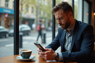 Homme d'âge moyen seul au café regardant son smartphone