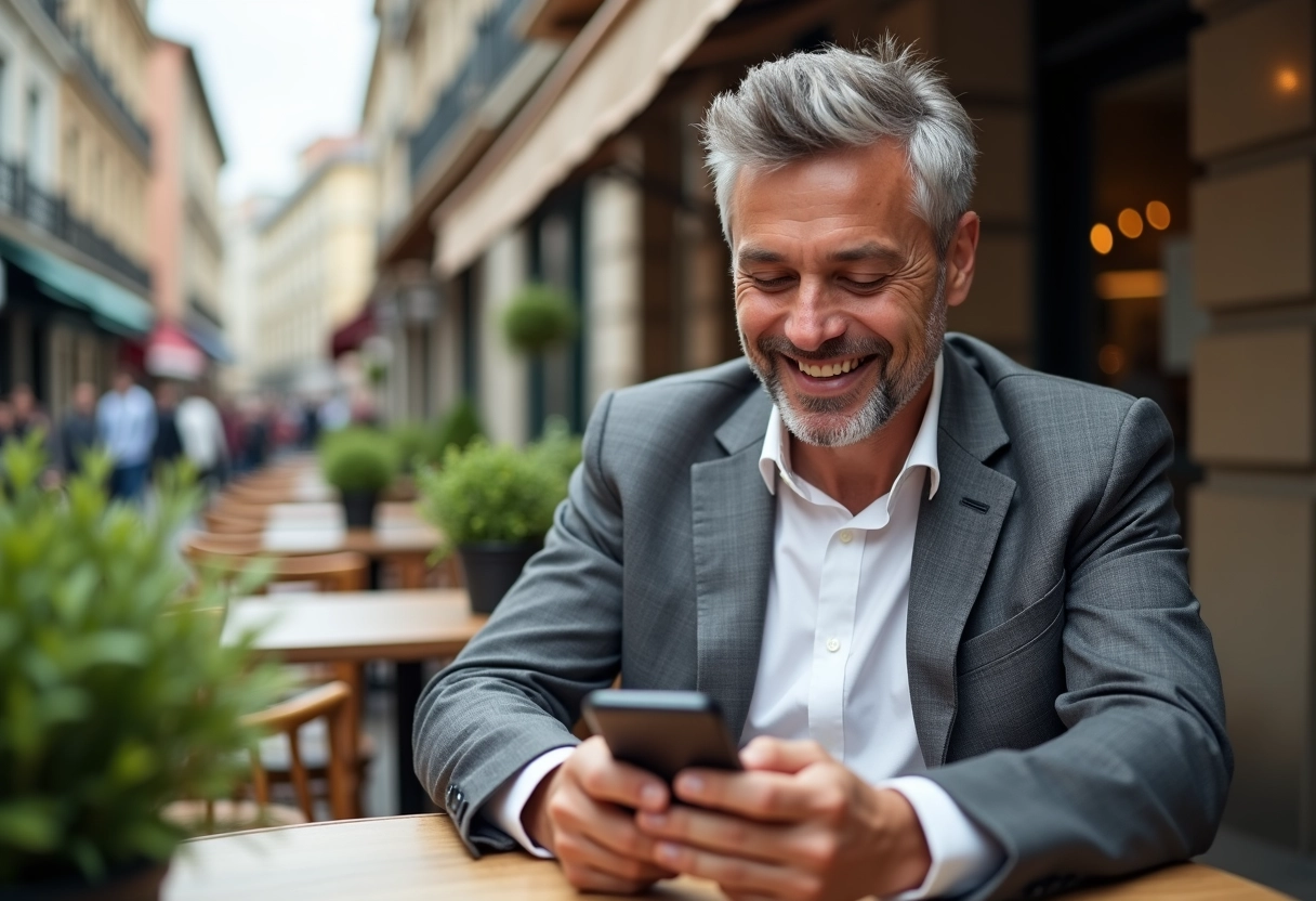 Homme souriant avec smartphone dans un café en ville