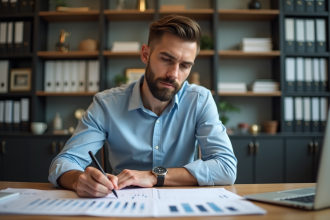 Homme professionnel calculant marges financières au bureau