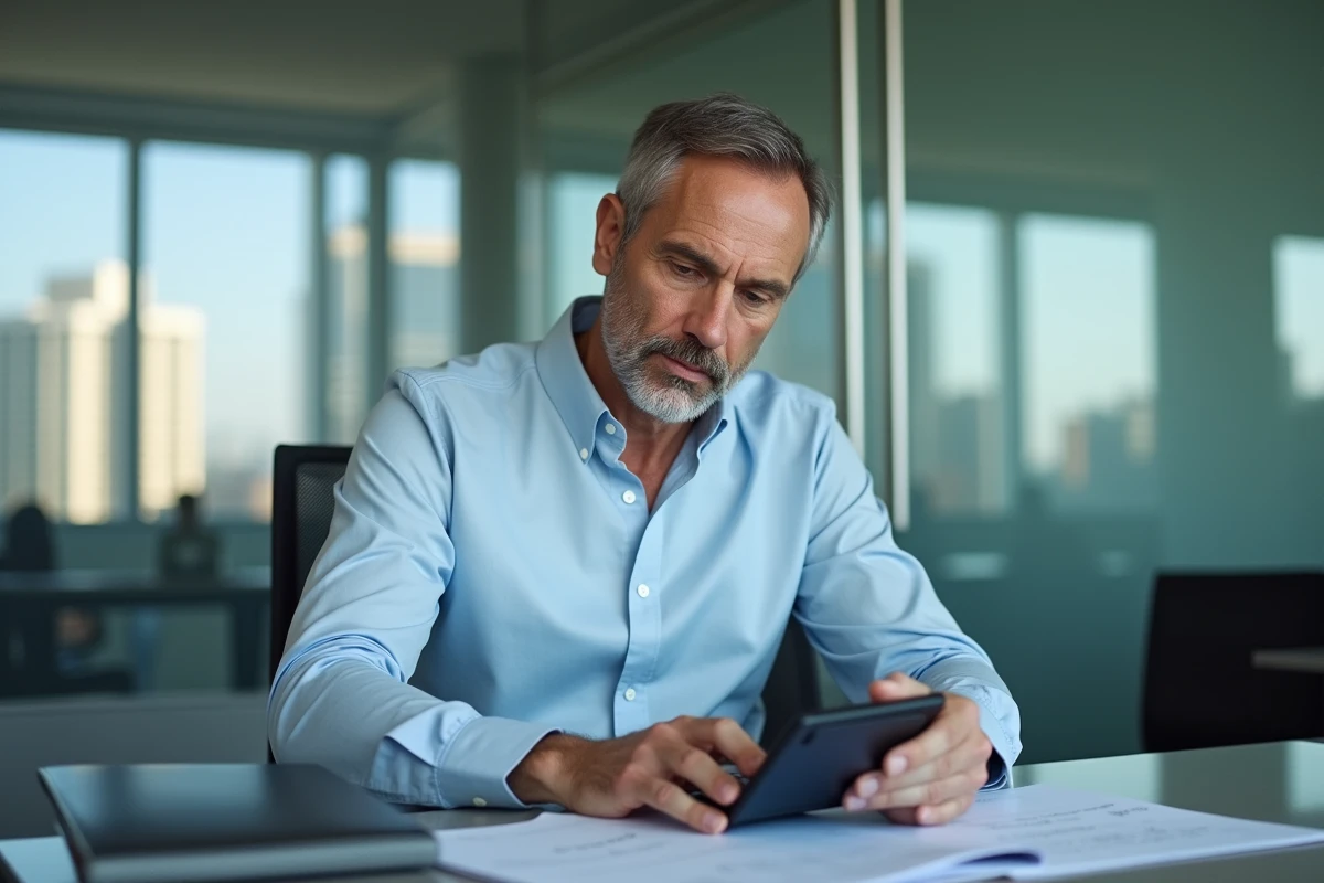 Homme analysant une fiche de paie avec calculatrice