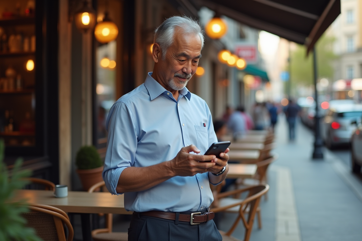 Homme asiatique vérifiant la valeur crypto dans un café urbain