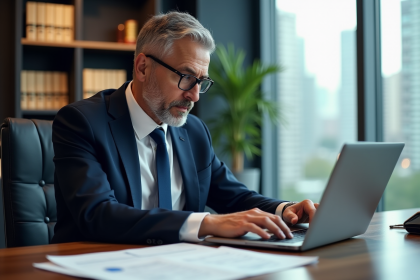 Homme d'âge moyen en costume bleu analysant des transactions crypto