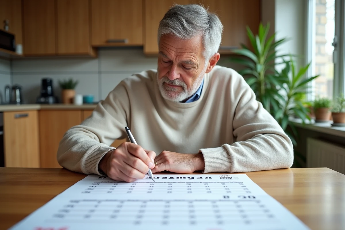 Homme au cuisine marquant des dates sur un calendrier 2026