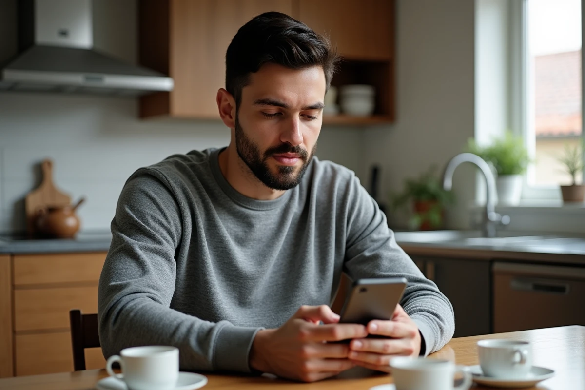 Homme utilisant son smartphone dans une cuisine contemporaine