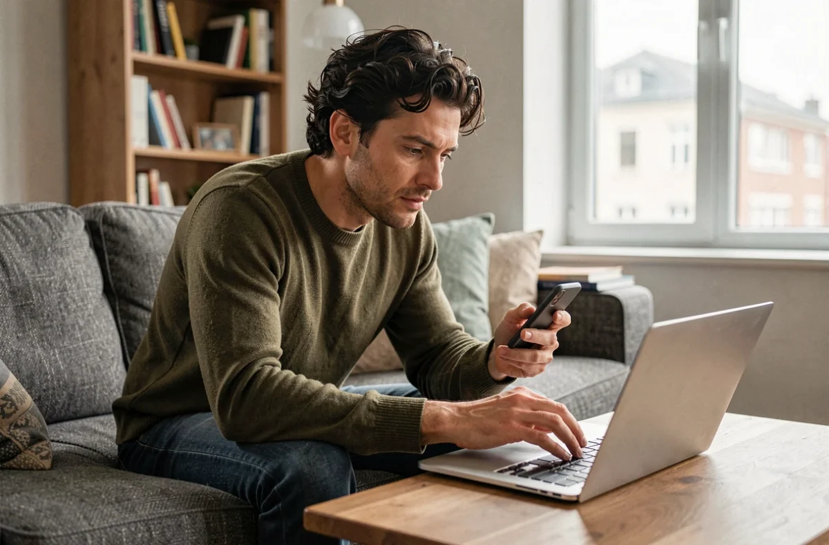 Homme utilisant un smartphone et un ordinateur portable pour soumettre une demande de remboursement de prélèvement ADIS en ligne