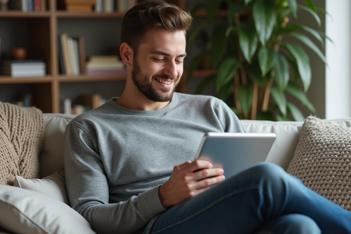 Homme détendu à la maison avec tablette et simulateur