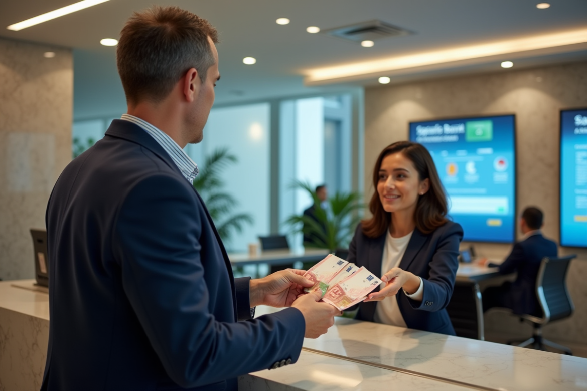 Homme d'âge moyen remettant de l'argent à un guichet bancaire