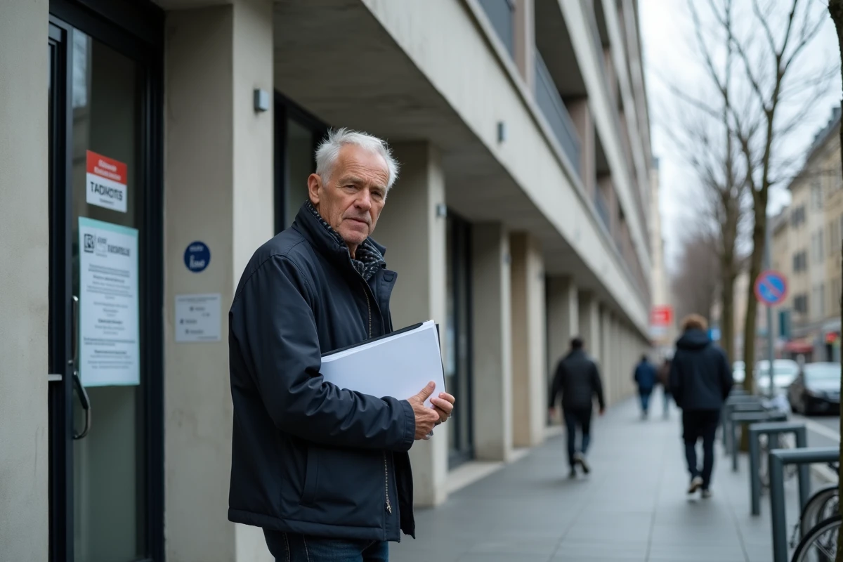 Homme tenant un dossier devant un bureau d'aide sociale pour une demande d'aide au paiement du loyer