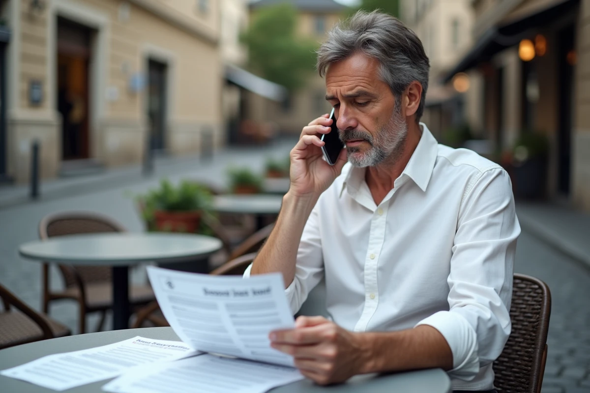 Homme en déplacement à l'étranger gérant ses démarches Cesu Urssaf par téléphone dans un café européen