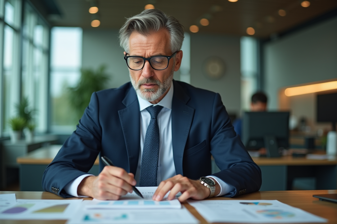 Homme d affaires en costume navy lisant des documents financiers