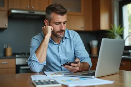 Homme d'âge moyen analysant ses impôts à la maison