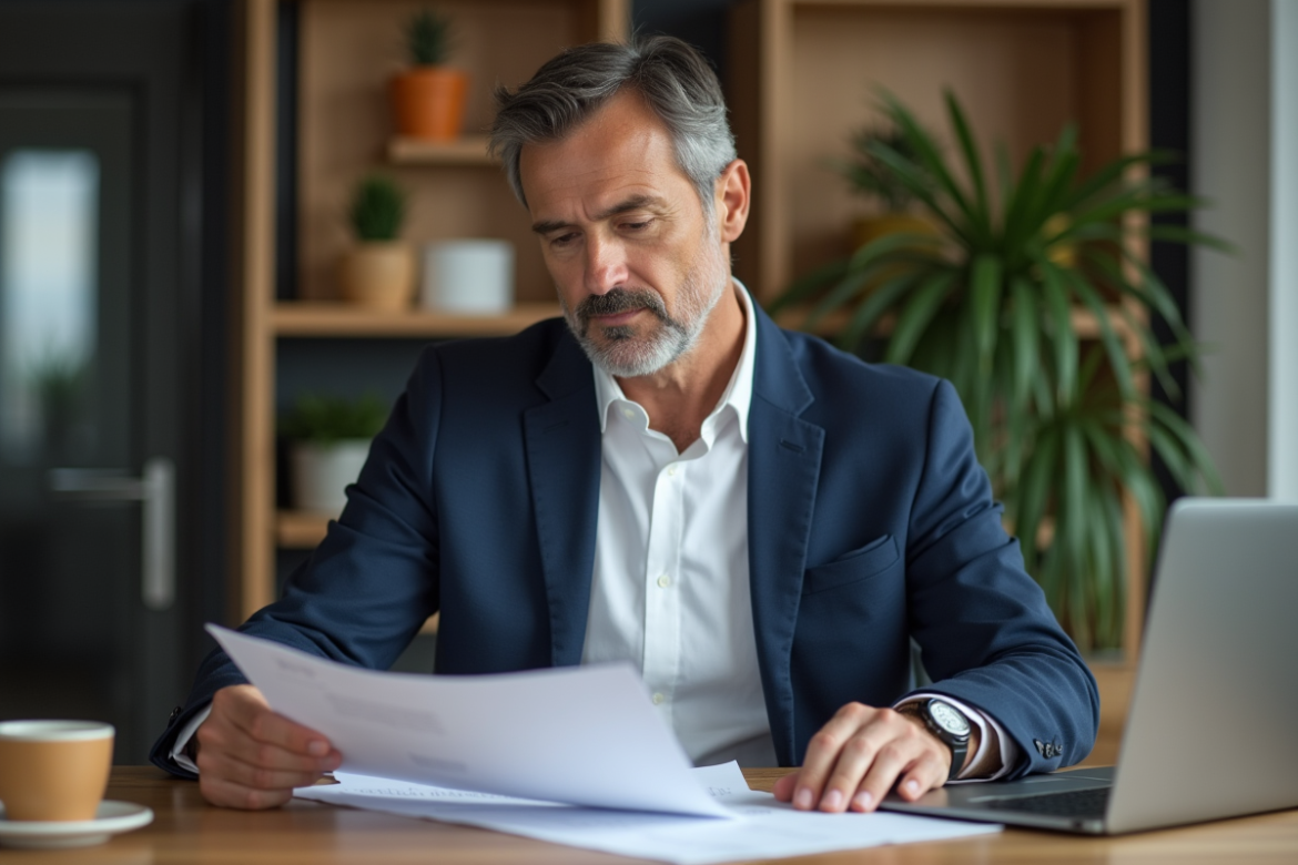 Homme d'âge moyen en blazer bleu dans un bureau moderne