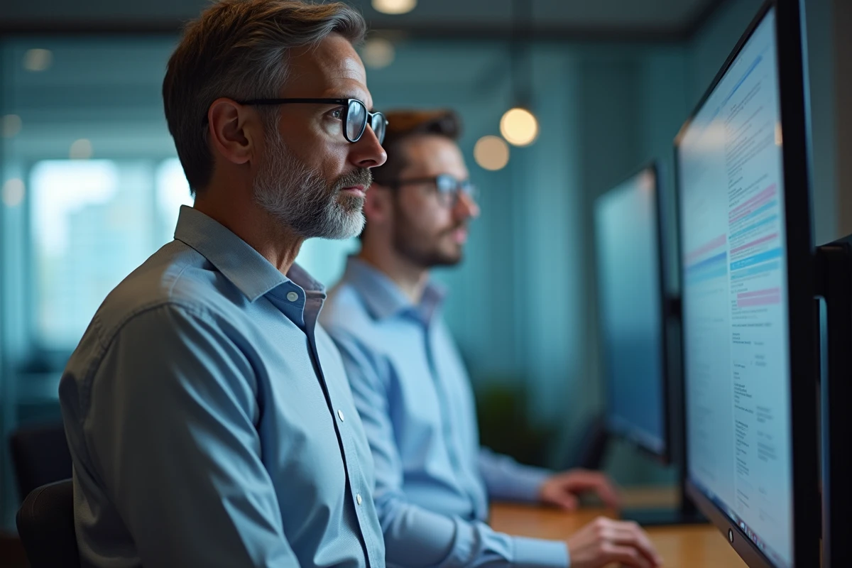 Homme IT et collègue discutant devant un grand écran