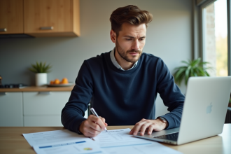 Homme détendu vérifiant une demande de prêt en ligne
