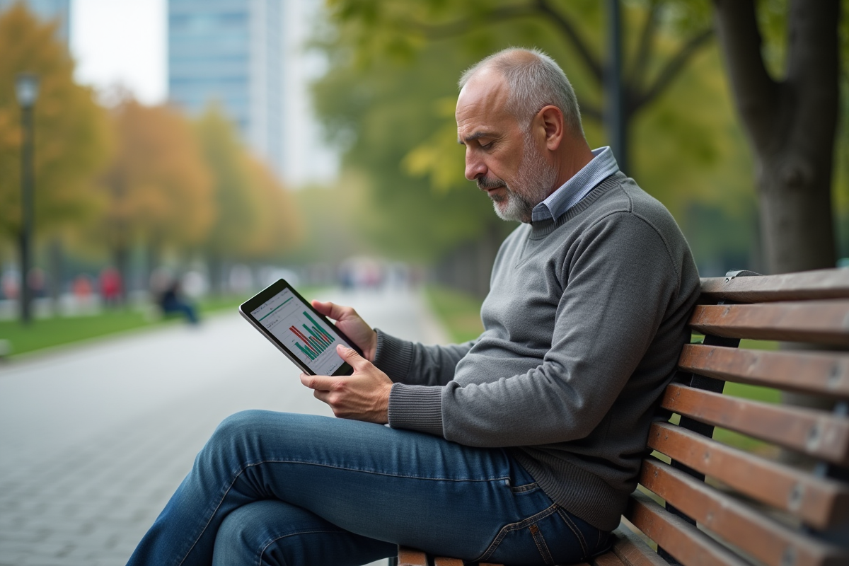 Homme assis dans un parc lisant des graphiques financiers