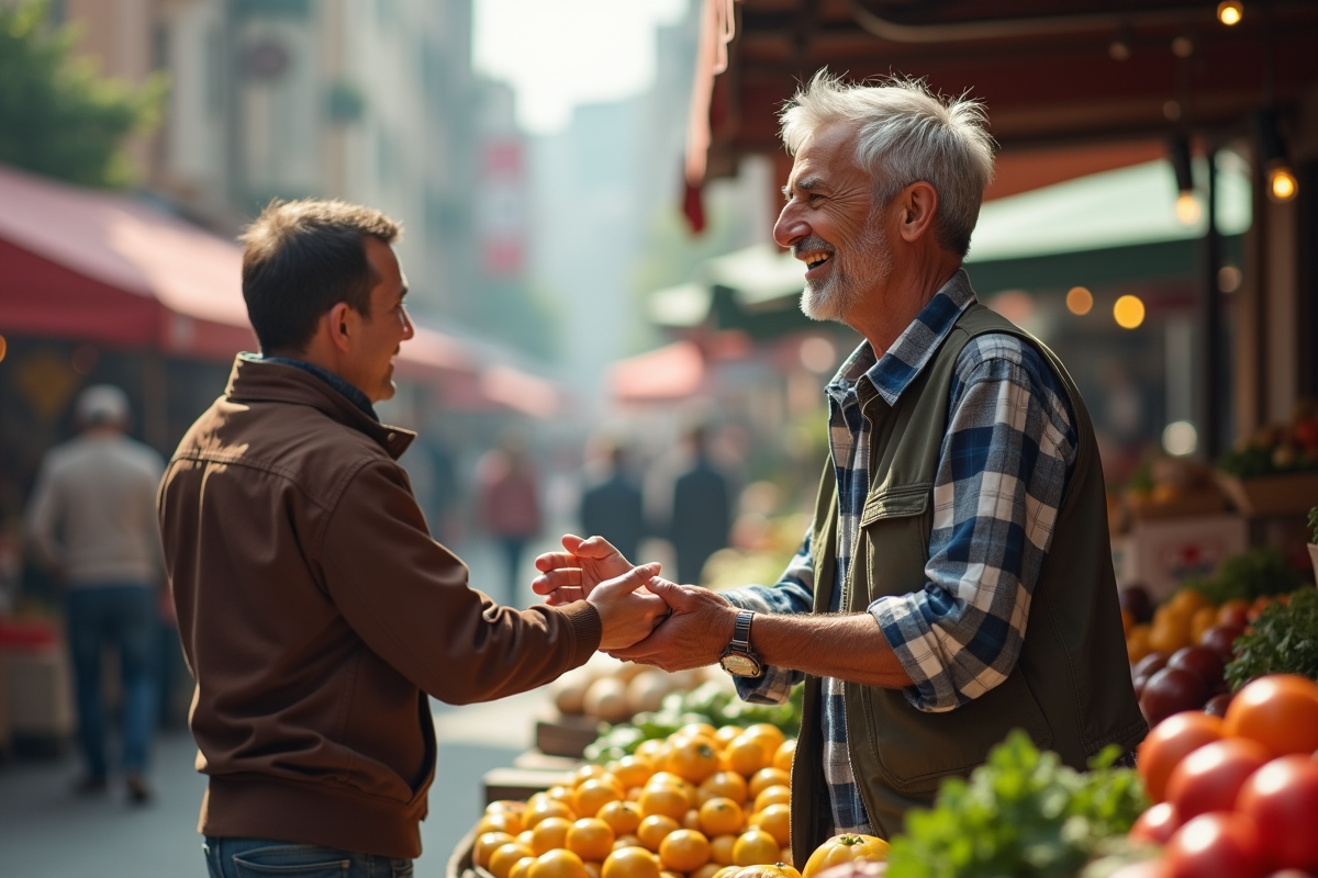 Homme actif de 60 ans au marché en plein air