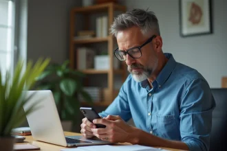 Homme d'âge moyen utilisant un smartphone dans un bureau moderne