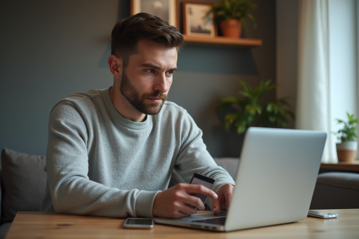 Homme concentré avec carte bancaire et smartphone