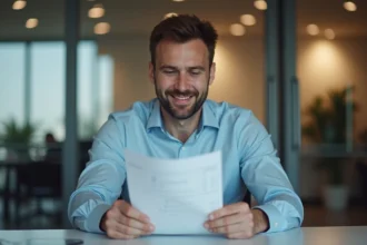 Homme d'affaires regardant sa fiche de paie au bureau