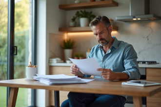 Homme d'âge moyen examine documents immobiliers à la maison