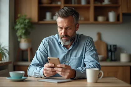 Homme d'âge moyen réfléchissant avec carte bancaire et smartphone