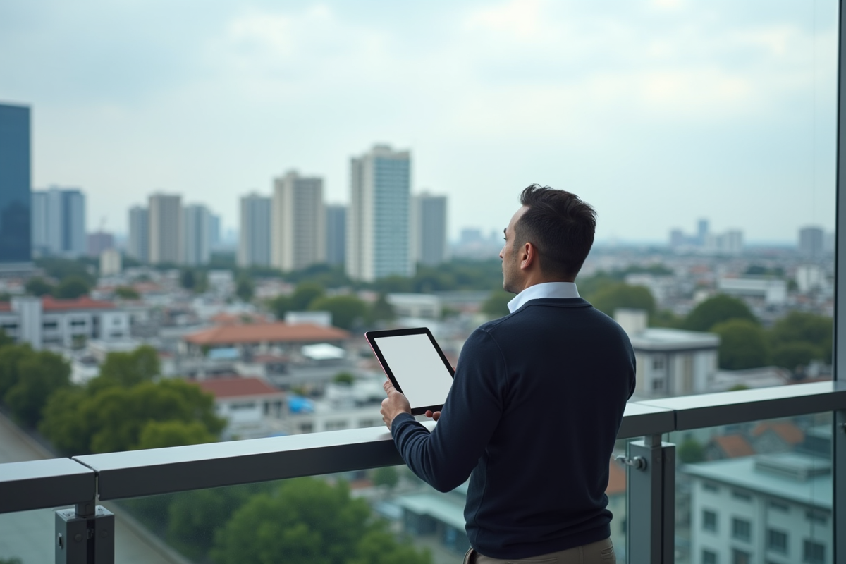 Homme pensif regardant la ville depuis un balcon urbain