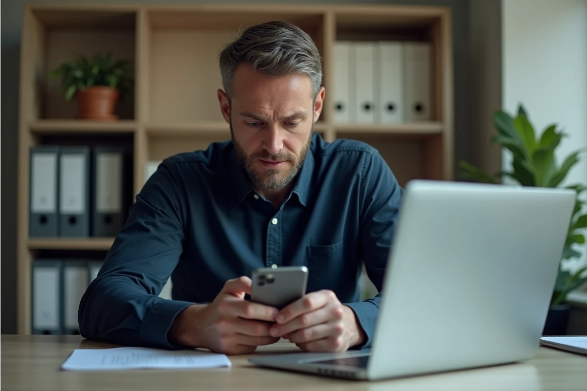 Homme consultant une notification de rejet de prélèvement bancaire Free sur son smartphone au bureau