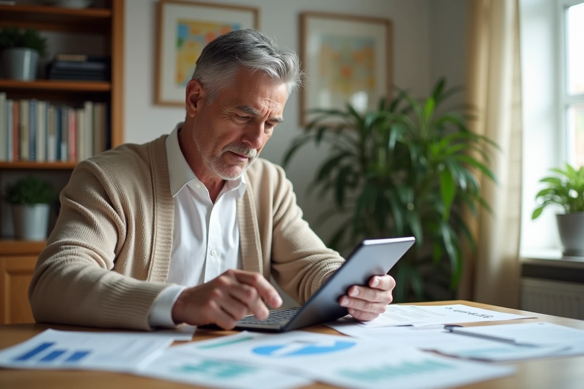 Homme âgé utilisant une tablette pour ses revenus SCPI à la maison