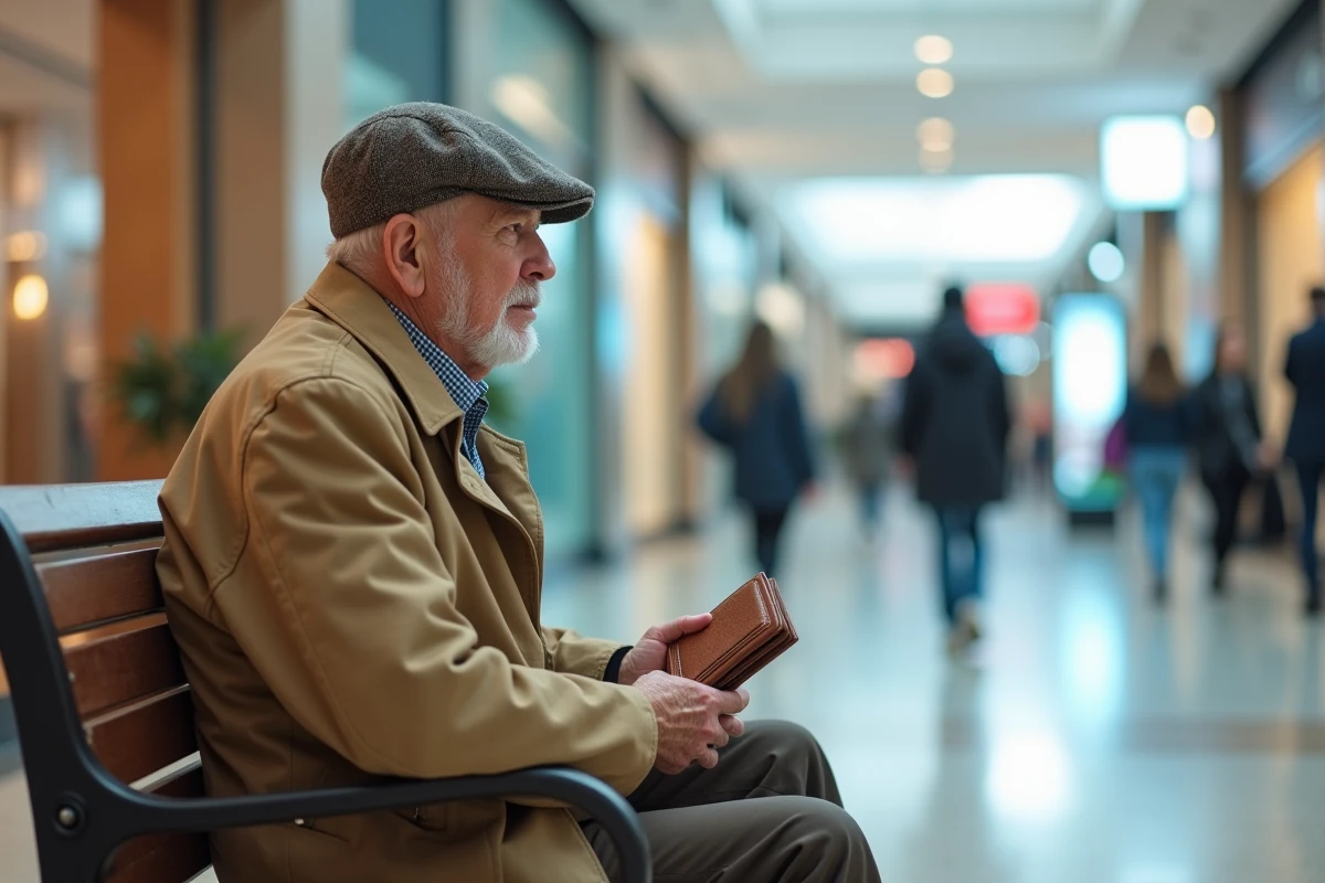 Homme âgé assis dans un centre commercial avec ATM