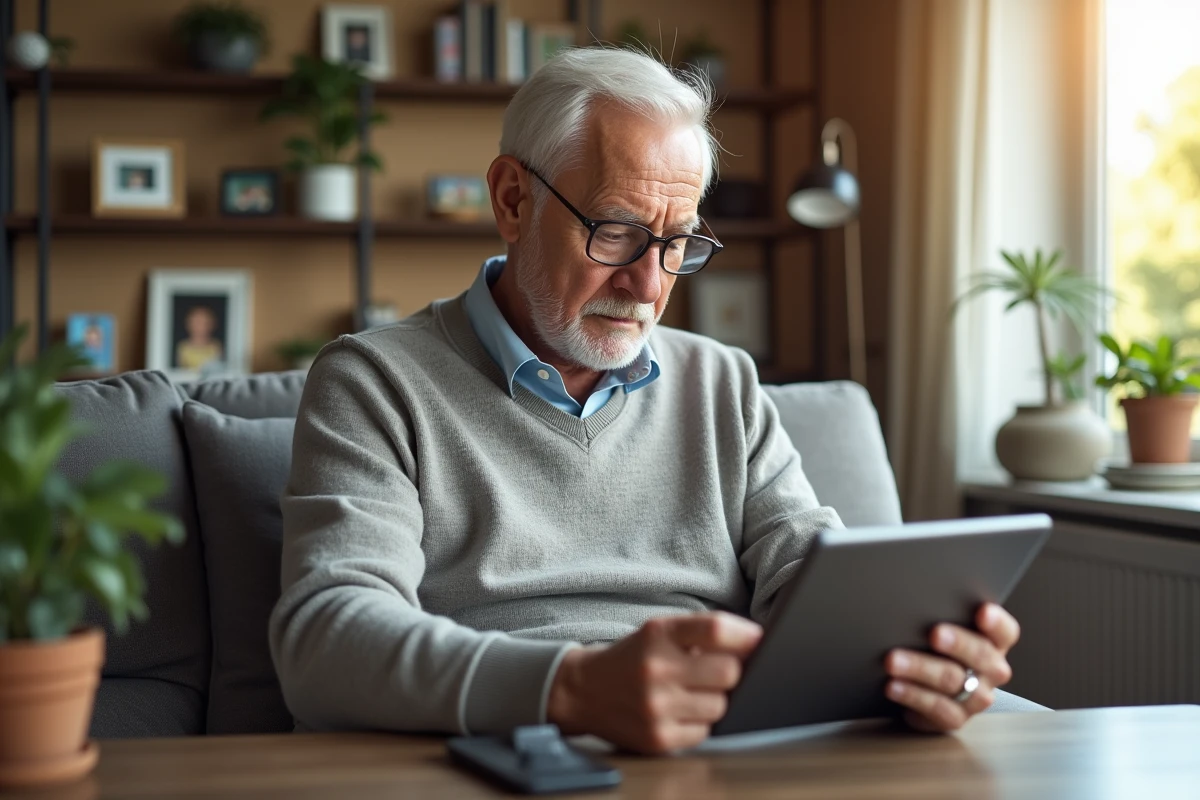 Homme senior vérifiant ses finances sur une tablette dans un salon lumineux