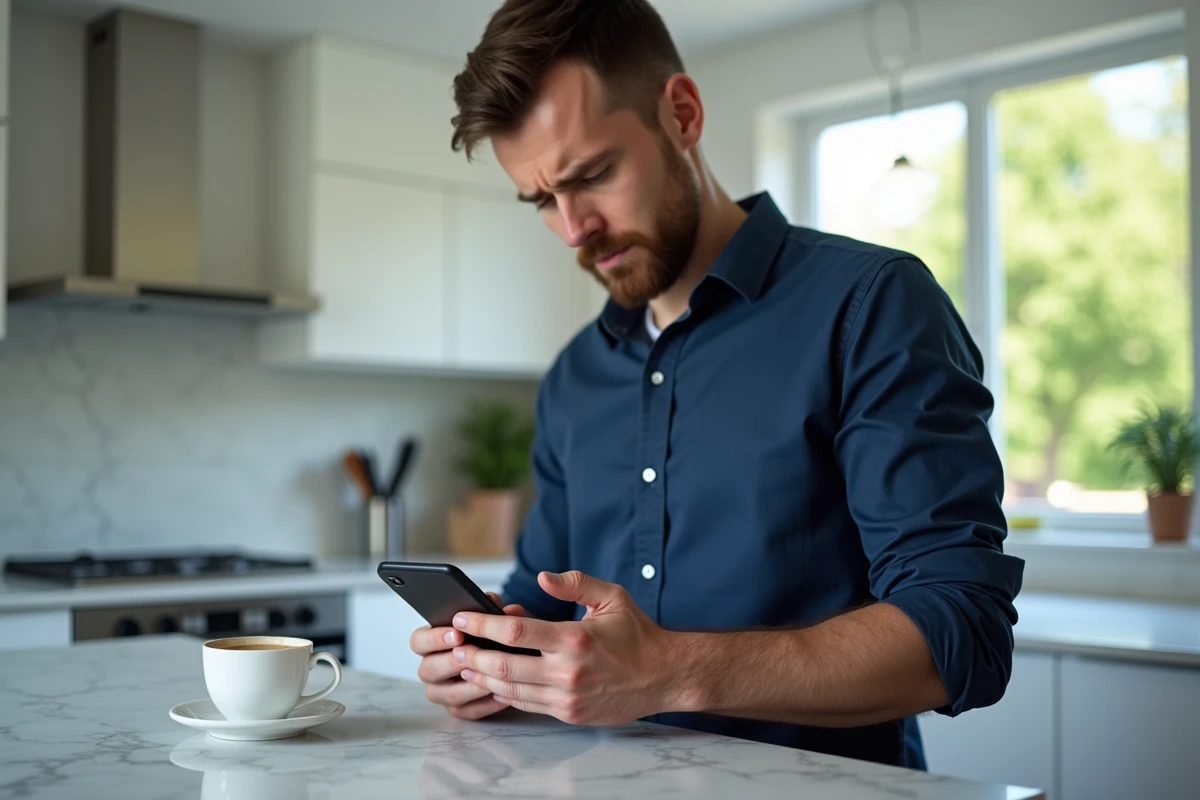 Homme consultant son smartphone face à un problème de connexion sur une application bancaire en ligne