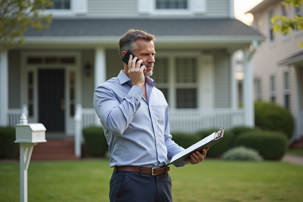 Homme parlant au téléphone devant une maison de banlieue