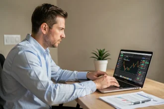 Homme concentré devant son ordinateur portable analysant une interface de trading boursier avant de passer son premier ordre