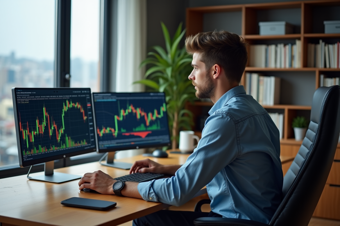 Jeune homme concentré devant ses écrans de trading