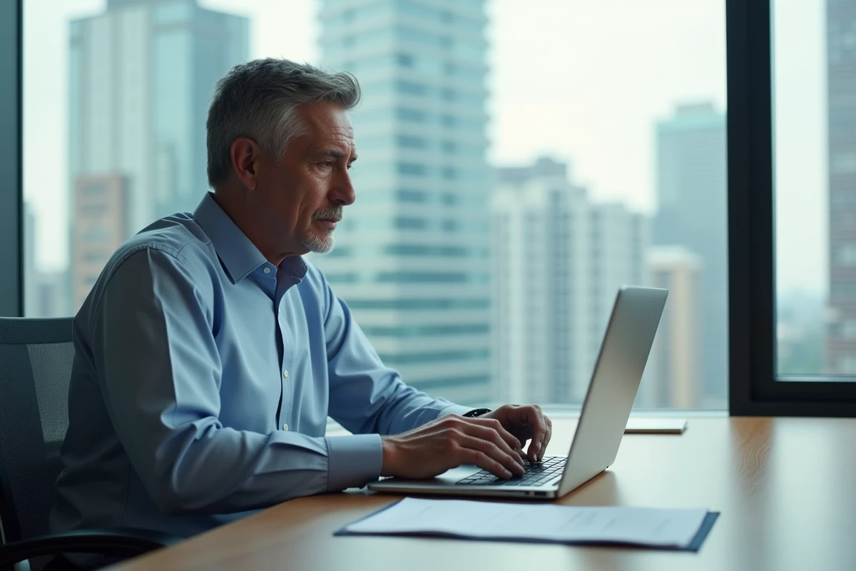 Homme en costume tapant un courrier dans un bureau moderne