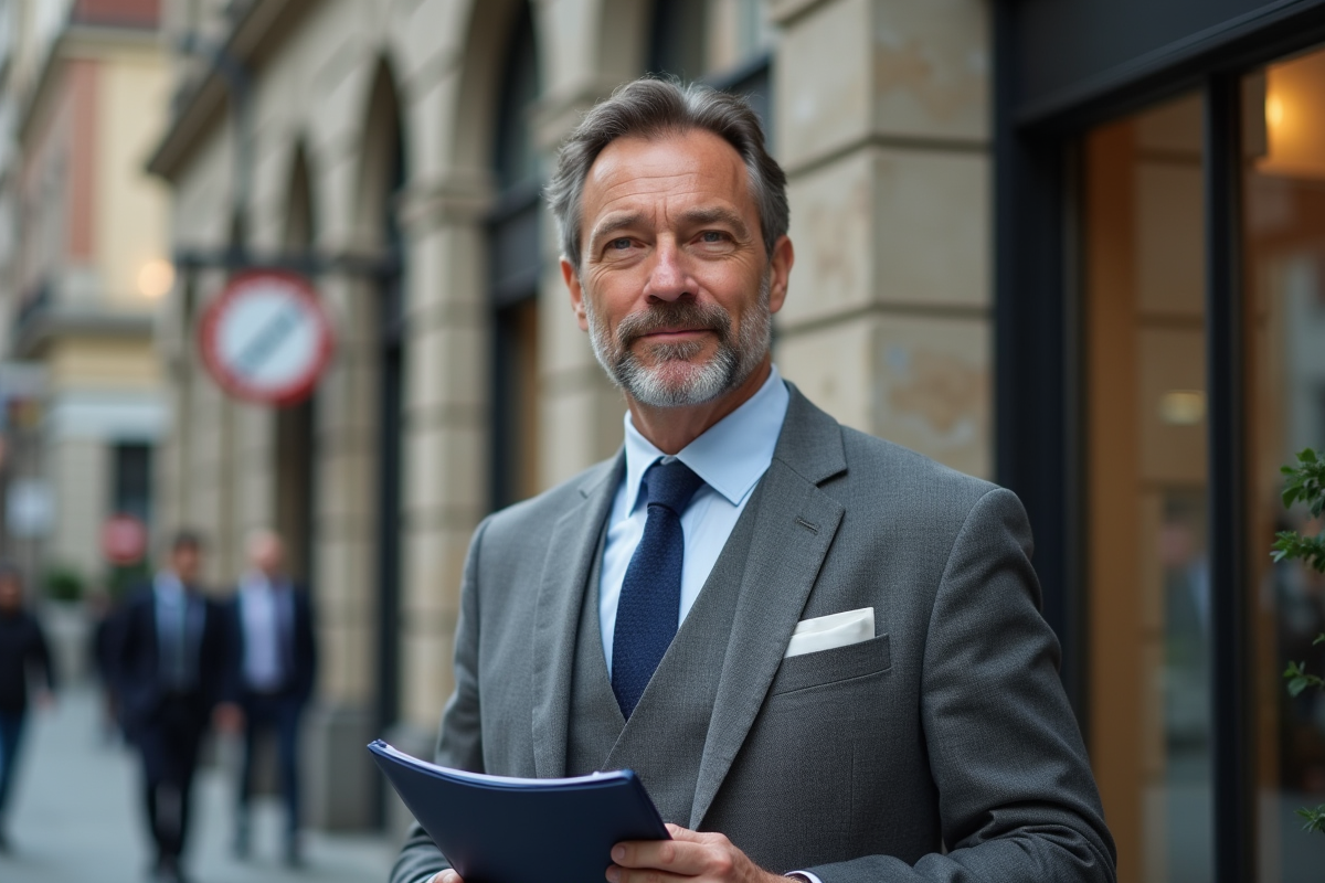 Homme d affaires avec documents financiers en extérieur