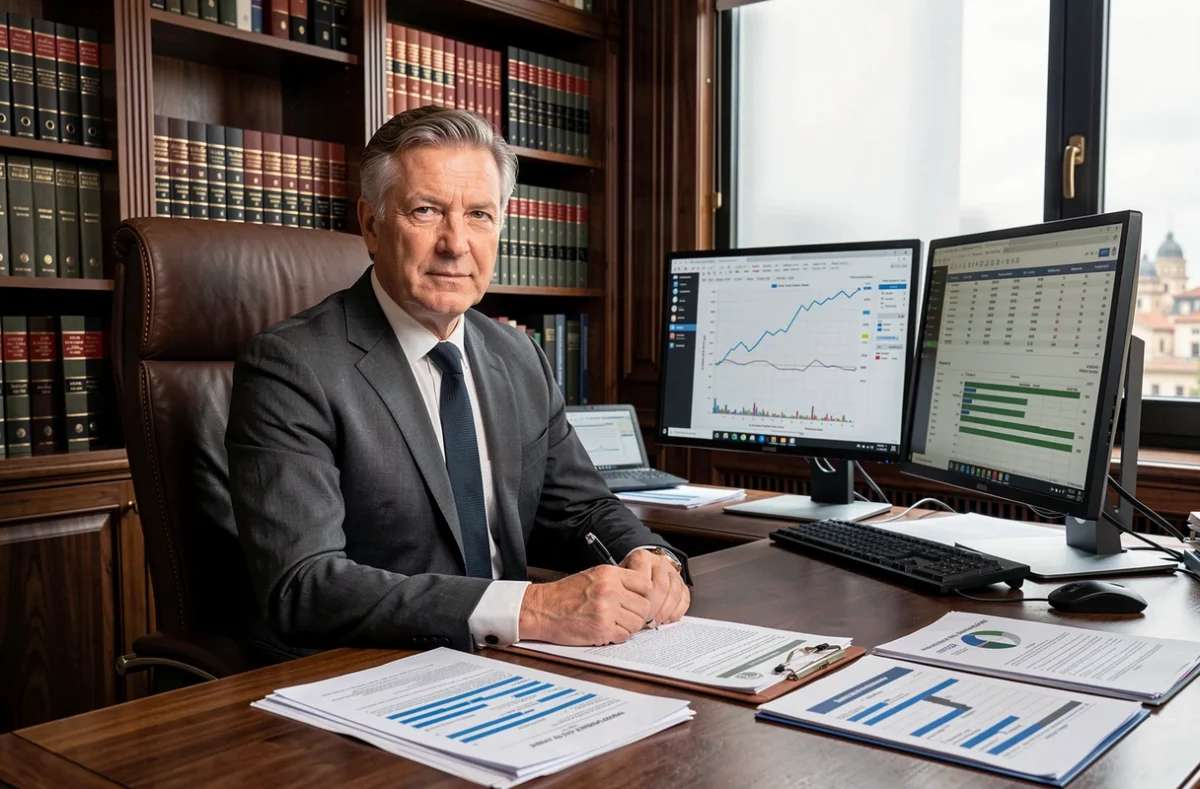 Expert d'ICC Finance Toulouse analysant des dossiers de financement professionnel et patrimonial dans un bureau haut de gamme