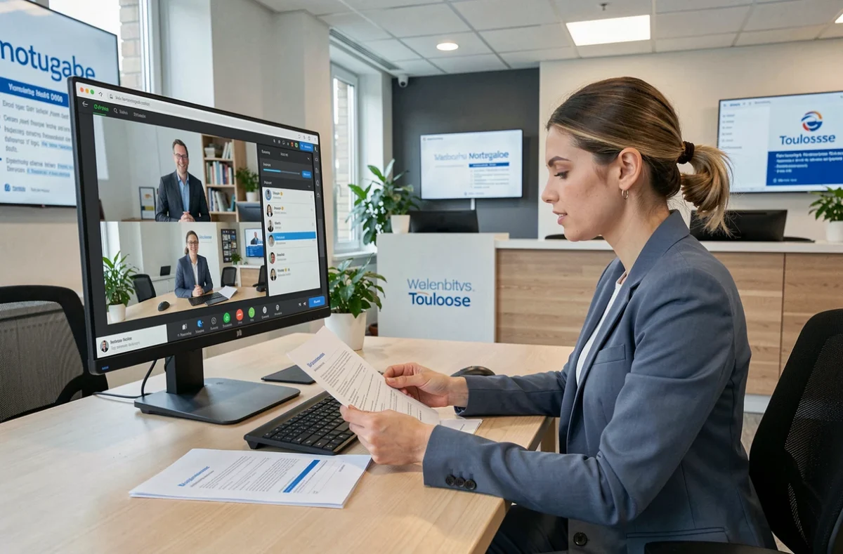 Conseillère d'ImmoBanques Toulouse Centre gérant simultanément une consultation en ligne et physique dans une agence moderne hybride