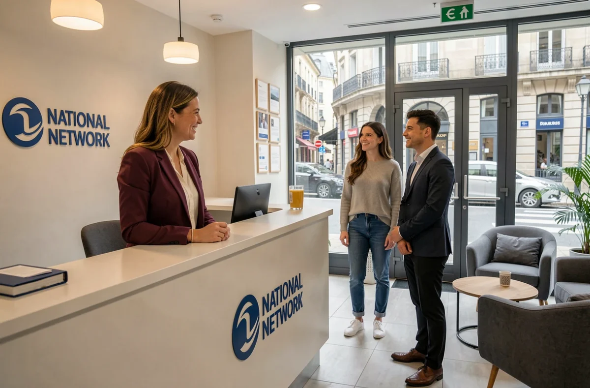 Courtière d'Immoprêt Toulouse Centre accueillant des clients dans une agence moderne au cœur de la ville
