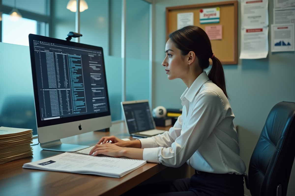 Inspectrice fiscale examinant un tableau de données dans un bureau
