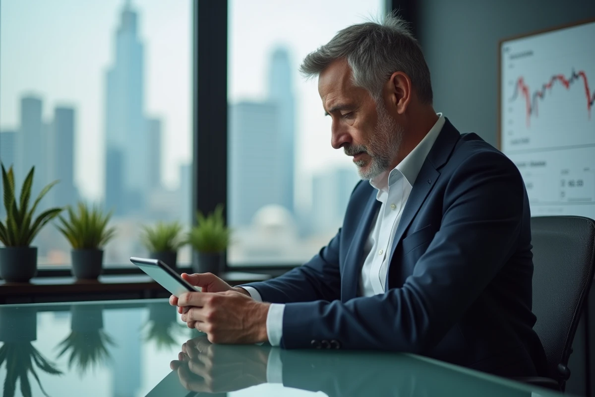 Investisseur analysant la valorisation boursière d'une action de luxe sur tablette dans un bureau moderne