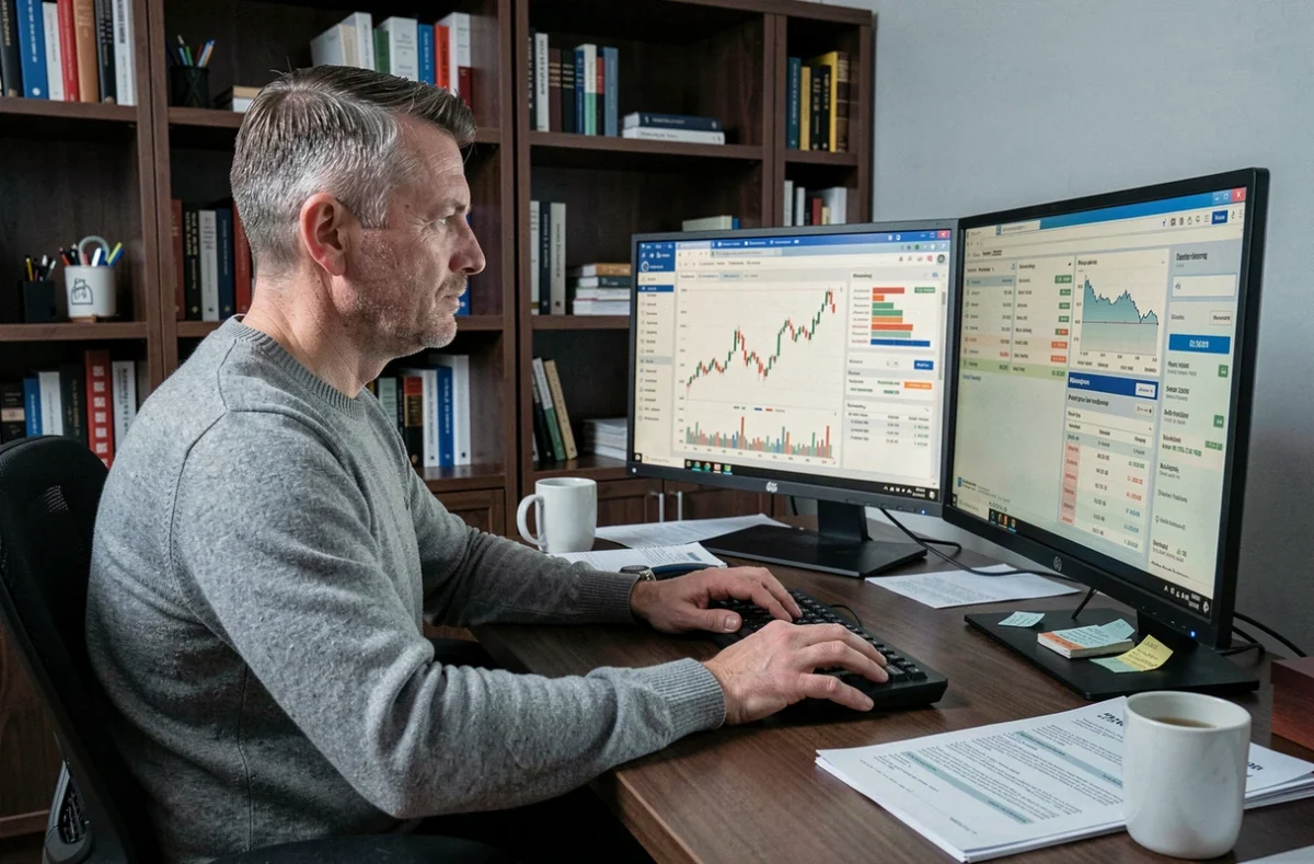 Investisseur particulier assis devant deux écrans affichant des graphiques boursiers et un formulaire d'ordre sur son compte de trading