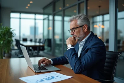 Homme d'affaires en costume analysant des documents financiers