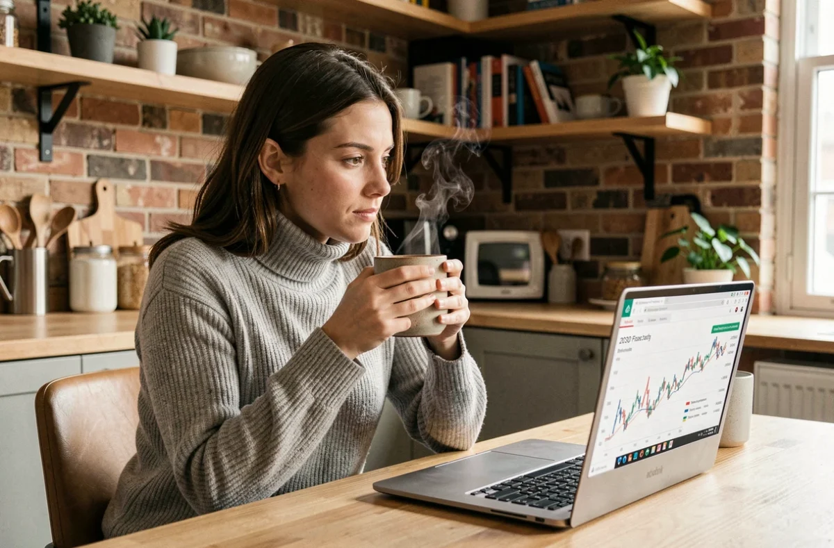 Investisseuse particulière consultant une prévision Bitcoin à long terme depuis son domicile