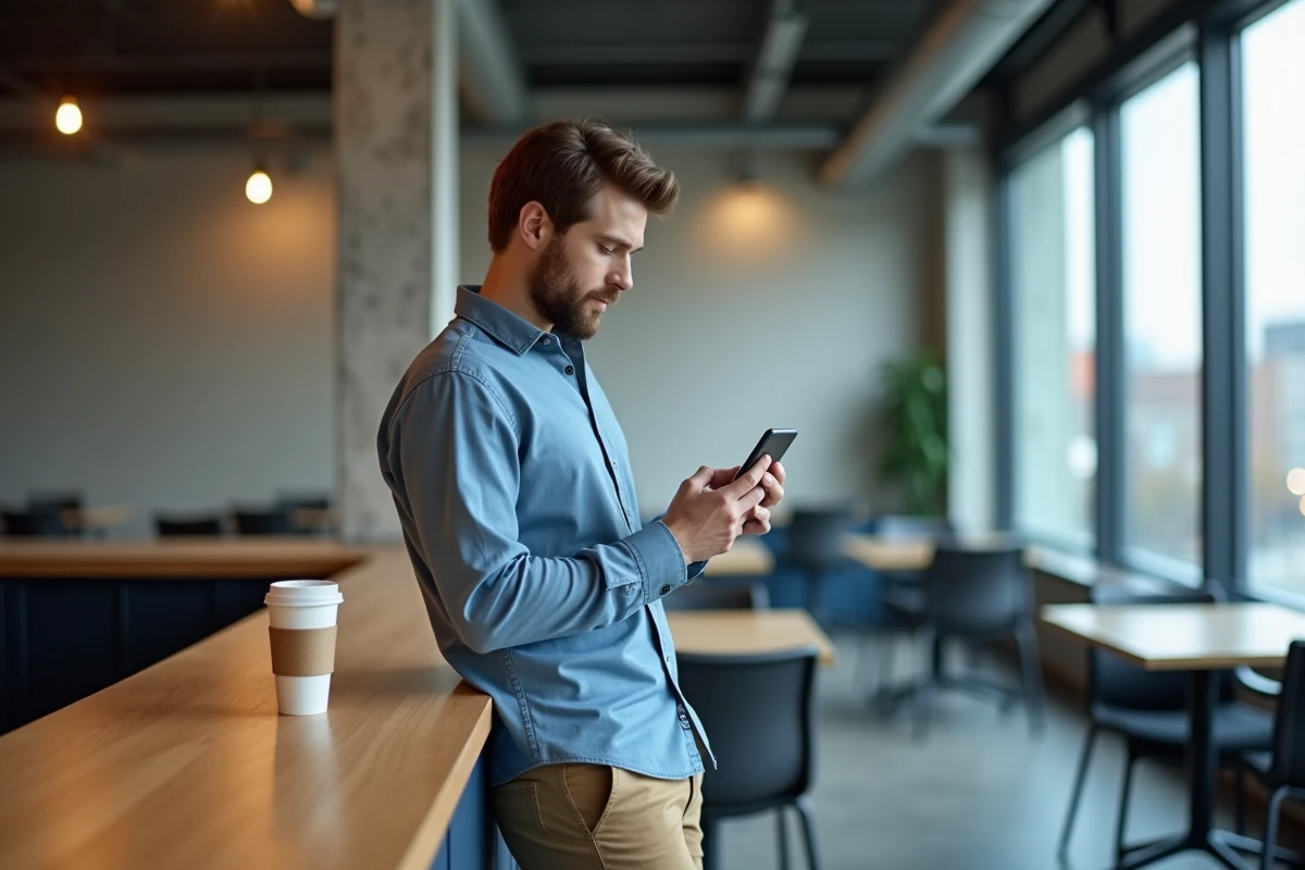 Jeune actif consultant son application d'épargne sur smartphone dans un espace de coworking moderne