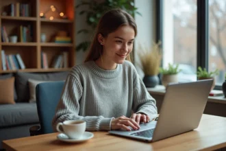 Jeune femme active gérant ses finances personnelles sur un ordinateur portable dans son appartement moderne